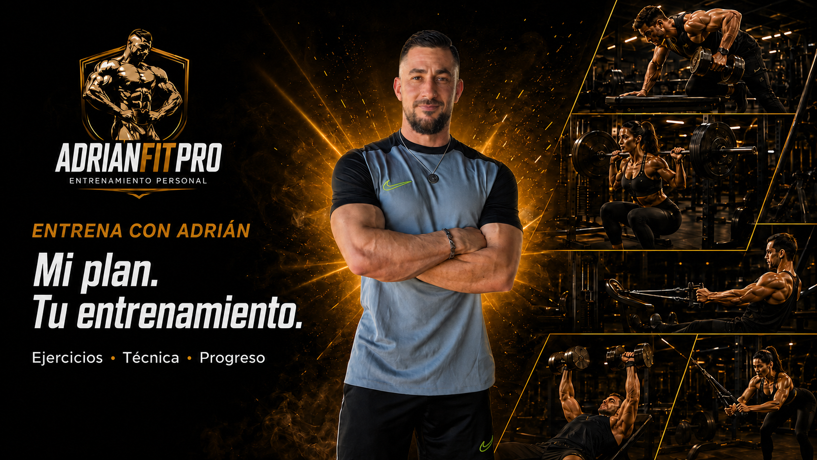 Adrián con su logo y luz dorada. Mi plan. Tu entrenamiento. Ejercicios, técnica y progreso.